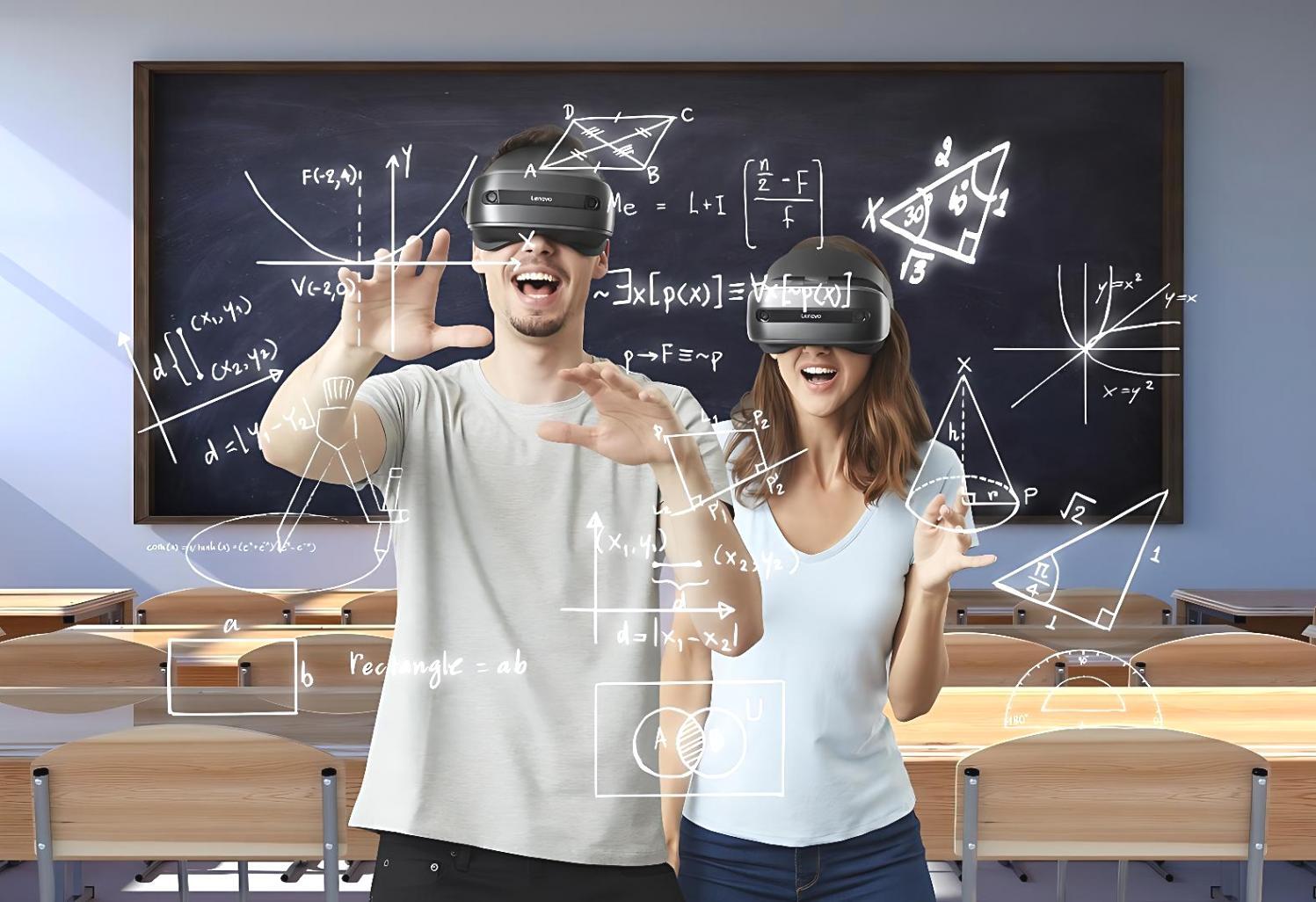 Estudiantes trabajando con equipos de realidad virtual en laboratorio especializado